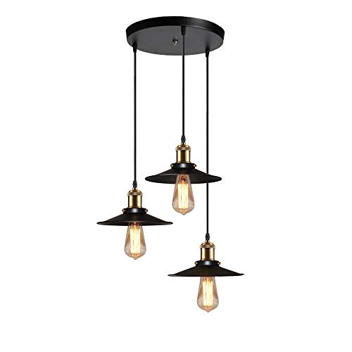 iDEGU 3 Leuchten Kronleuchter Industrial Vintage Pendelleuchte E27 Kronleuchter Deckenlampe Metall Lampenschirm Deckenlampe Innen für Küche Esszimmer Restaurant Schwarz 22 cm von iDEGU