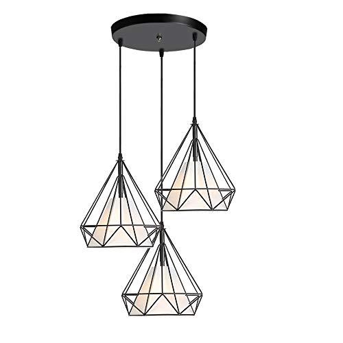 iDEGU 3 Leuchten Kronleuchter Pendelleuchte Vintage Lampe Deckenleuchte Käfig aus Metall Retro E27 Lampe Hängeleuchte Diamantform mit Stoffschirm mit Deckenplatte, 25 cm, Schwarz von iDEGU