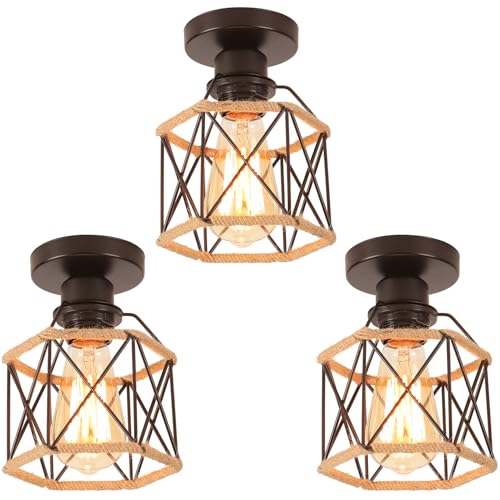 iDEGU 3 Stück Deckenleuchten 15CM Deckenlampe Vintage Lampenschirme aus Metall und Hanfseil Industrie Lampe Käfig Design Retro E27 Pendelleuchte Schwarz Deckenleuchte für Flur Küche Schlafzimmer von iDEGU
