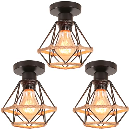 iDEGU 3 Stück Deckenleuchten Industrie 16CM Deckenlampe Vintage Lampenschirme aus Metall und Hanfseil Käfig Design Retro E27 Schwarz Pendelleuchte für Küche Schlafzimmer Flur von iDEGU