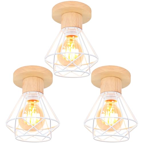 iDEGU 3 Stücke Deckenleuchten 16cm Industrielle Deckenlampe aus Holz und Metall Vintage Lampe mit Geometrischem Käfig Weiß Lampenschirm E27 Retro Deckenbeleuchtung für Flur Wohnzimmer (3x Lampen) von iDEGU