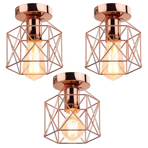 iDEGU 3 Stücke Deckenleuchten Retro Industrial Lampe im Geometrie Design Sechseck-Käfig Vintage 15CM Lampenschirm aus Metall Pendelleuchte Deckenlampe für Flur Schlafzimmer Küche (Käfig C, Roségold) von iDEGU