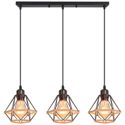 iDEGU 3-flammig Hängelampe 16CM Industrie Pendelleuchte Vintage Lampenschirme aus Metall Hanfseil Käfig Design Retro E27 Schwarz Pendelleuchte für Esszimmer Wohnzimmer (3-flammig Hängeleuchte, Balken) von iDEGU
