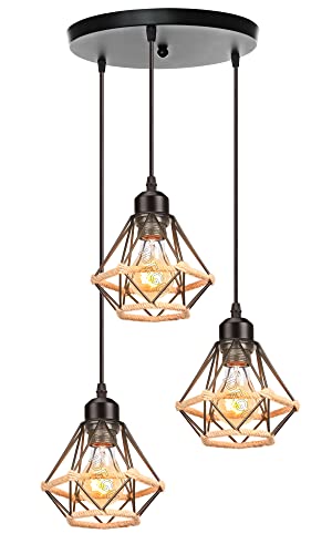 iDEGU 3-flammig Hängelampe 16CM Industrie Pendelleuchte Vintage Lampenschirme aus Metall und Hanfseil Käfig Design Retro E27 Schwarz Pendelleuchte für Esszimmer Wohnzimmer (3-flammig, Rondell) von iDEGU