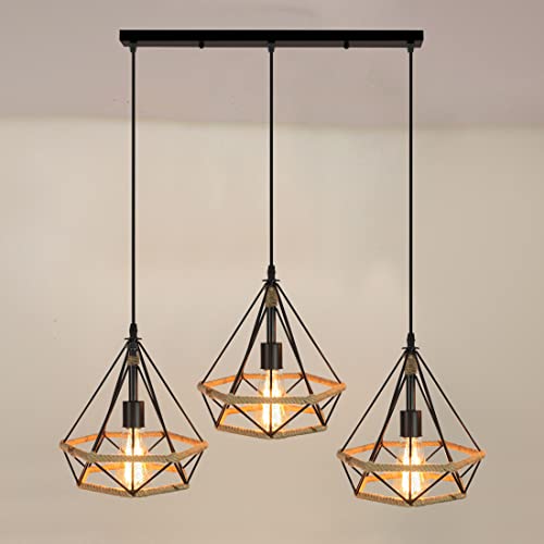 iDEGU 3-flammig Hängelampe 25CM Industrie Pendelleuchte Vintage Lampenschirme aus Metall Hanfseil Käfig Design Retro E27 Schwarz Pendelleuchte für Esszimmer Wohnzimmer (3-flammig Hängeleuchte, Balken) von iDEGU