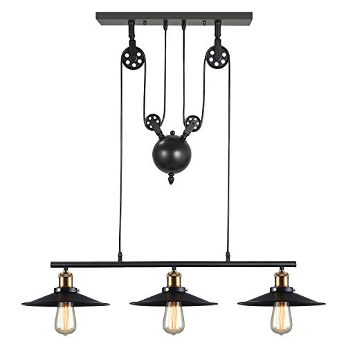 iDEGU 3-flammig Hängelampe Industrielle Pendelleuchte mit Riemenscheibe System Vintage Hängeleuchte 26cm Lampenschirm Schwarz Deckenleuchte für Esszimmer Küche Restaurant Wohnzimmer von iDEGU