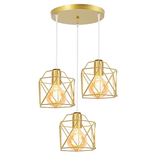 iDEGU 3-flammig Hängelampe Vintage Lampe im Industrie Design Sechseckiger Käfig-Lampenschirm aus Metall E27 Deckenleuchte Retro Pendelleuchte für Esszimmer, Schlafzimmer, Flur (Rondell, Gold) von iDEGU