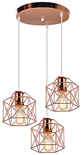 iDEGU 3-flammig Hängelampe Vintage Lampe im Industrie Design Sechseckiger Käfig-Lampenschirm aus Metall E27 Deckenleuchte Retro Pendelleuchte für Esszimmer, Schlafzimmer, Flur (Rondell, Roségold) von iDEGU