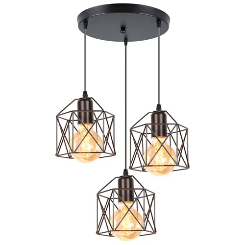 iDEGU 3-flammig Hängelampe Vintage Lampe im Industrie Design Sechseckiger Käfig-Lampenschirm aus Metall E27 Deckenleuchte Retro Pendelleuchte für Esszimmer, Schlafzimmer, Flur (Rondell, Schwarz) von iDEGU