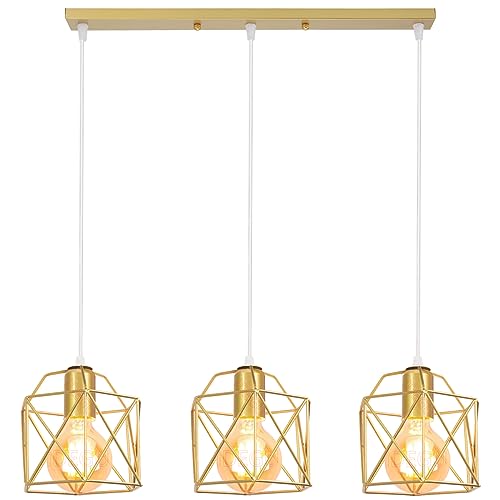 iDEGU 3-flammig Hängelampe Vintage Lampe im Industrie Design Sechseckiger Käfig-Lampenschirm aus Metall E27 Deckenleuchte Retro Pendelleuchte für Esszimmer, Schlafzimmer, Küche (Balken, Gold) von iDEGU