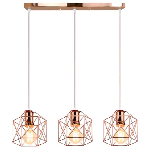 iDEGU 3-flammig Hängelampe Vintage Lampe im Industrie Design Sechseckiger Käfig-Lampenschirm aus Metall E27 Deckenleuchte Retro Pendelleuchte für Esszimmer, Schlafzimmer, Küche (Balken, Roségold) von iDEGU