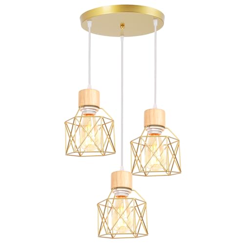 iDEGU 3-flammig Hängelampe Vintage aus Holz Metall Lampe im Industrie Design Käfig Lampenschirm E27 Deckenleuchte Retro Pendelleuchte für Esszimmer, Schlafzimmer, Küche, Flur (Holz, Rondell, Gold) von iDEGU