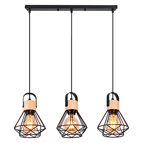 iDEGU 3-flammig Pendelleuchte Industrielle Hängelampe aus Holz und Metall Vintage Lampe mit 16cm Geometrischem Käfig Schwarz E27 Retro Hängeleuchte für Esszimmer Wohnzimmer Küche (3-flammig, Balken) von iDEGU