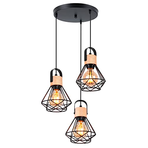 iDEGU 3-flammig Pendelleuchte Industrielle Hängelampe aus Holz und Metall Vintage Lampe mit 16cm Geometrischem Käfig Schwarz E27 Retro Hängeleuchte für Esszimmer Wohnzimmer Küche (3-flammig, Rondell) von iDEGU