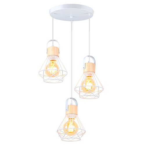 iDEGU 3-flammig Pendelleuchte Industrielle Hängelampe aus Holz und Metall Vintage Lampe mit 16cm Geometrischem Käfig Weiß E27 Retro Hängeleuchte für Esszimmer Wohnzimmer Küche (3-flammig, Rondell) iDEGU 3-flammig Pendelleuchte Industrielle Hängelampe aus Holz und Metall Vintage Lampe mit 16cm Geometrischem Käfig Weiß E27 Retro Hängeleuchte für Esszimmer Wohnzimmer Küche (3-flammig, Rondell) von iDEGU