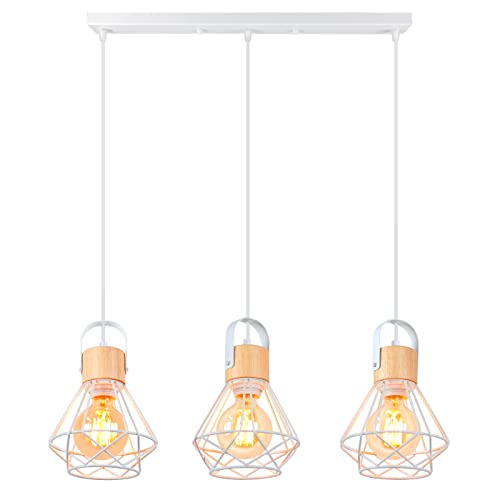 iDEGU 3-flammig Pendelleuchte Industrielle Hängelampe aus Holz und Metall Vintage Lampe mit 16cm Geometrischem Käfig Weiß E27 Retro Hängeleuchte für Esszimmer Wohnzimmer Küche (3-flammig, Balken) iDEGU 3-flammig Pendelleuchte Industrielle Hängelampe aus Holz und Metall Vintage Lampe mit 16cm Geometrischem Käfig Weiß E27 Retro Hängeleuchte für Esszimmer Wohnzimmer Küche (3-flammig, Balken) von iDEGU