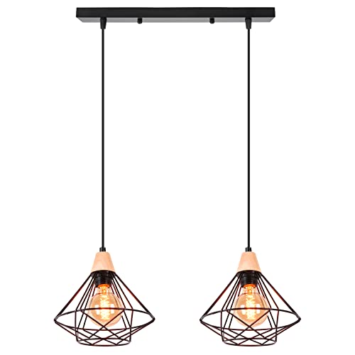 iDEGU 3-flammig Pendelleuchte Industrielle Hängelampe aus Holz und Metall Vintage Lampe mit 22cm Geometrischem Käfig Schwarz E27 Retro Hängeleuchte für Esszimmer Wohnzimmer Küche (3-flammig, Balken) von iDEGU