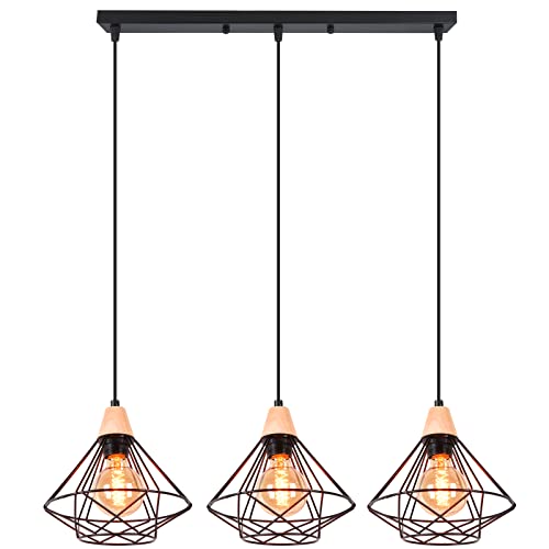 iDEGU 3-flammig Pendelleuchte Industrielle Hängelampe aus Holz und Metall Vintage Lampe mit 22cm Geometrischem Käfig Schwarz E27 Retro Hängeleuchte für Esszimmer Wohnzimmer Küche (3-flammig, Balken) von iDEGU