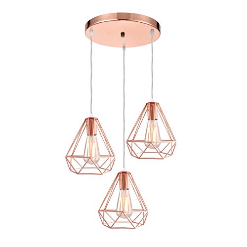 iDEGU 3-flammig Pendelleuchte Industrielle Vintage Hängelampe Pendellampe aus Metall E27 Retro Hängeleuchte im Geometrisch Käfig Stil mit Runde Deckenbasis, Ø 20cm, Roségold von iDEGU