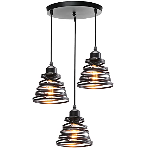 iDEGU 3-flammig Pendelleuchte Moderne Spirale Design Metall Lampenschirm E27 Vintage Lampe Industrielle Hängelampe für Schlafzimmer Wohnzimmer Küche (3-flammig Hängeleuchte, Schwarz, Rondell) von iDEGU