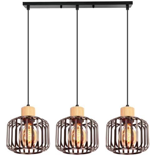 iDEGU 3-flammig Pendelleuchte Retro Vintage Hängelampe aus Holz Metall Industrie Lampe Käfig Lampenschirm Deckenleuchte Moderne Hängeleuchte für Esszimmer Wohnzimmer Küche Restaurant (Balken, Schwarz) von iDEGU