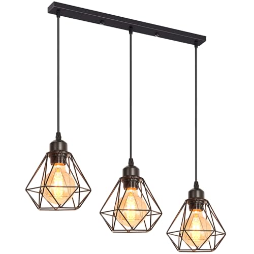 iDEGU 3-flammig Pendelleuchte Schwarz 16cm Industrial Hängelampe aus Metall Käfig Lampenschirm Retro Kronleuchter E27 Fassung Vintage Hängeleuchte für Esszimmer Küche Schlafzimmer Wohnzimmer (Balken) iDEGU 3-flammig Pendelleuchte Schwarz 16cm Industrial Hängelampe aus Metall Käfig Lampenschirm Retro Kronleuchter E27 Fassung Vintage Hängeleuchte für Esszimmer Küche Schlafzimmer Wohnzimmer (Balken) von iDEGU