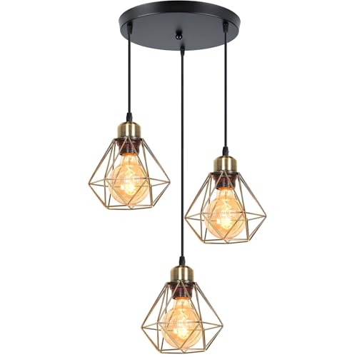 iDEGU 3-flammig Pendelleuchte Schwarz 16cm Industrial Hängelampe aus Metall Käfig Lampenschirm Retro Kronleuchter E27 Vintage Hängeleuchte für Schlafzimmer Küche Wohnzimmer (Rondell, Messing Fassung) iDEGU 3-flammig Pendelleuchte Schwarz 16cm Industrial Hängelampe aus Metall Käfig Lampenschirm Retro Kronleuchter E27 Vintage Hängeleuchte für Schlafzimmer Küche Wohnzimmer (Rondell, Messing Fassung) von iDEGU