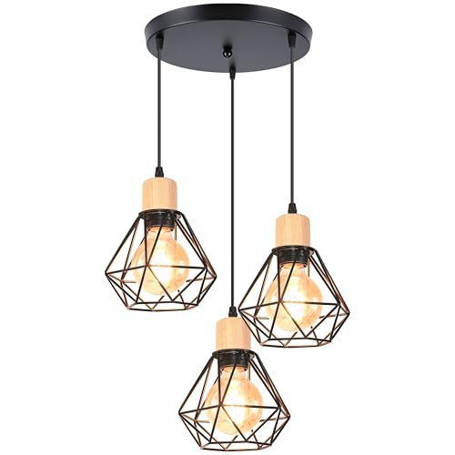 iDEGU 3-flammig Pendelleuchte Schwarz 16cm Industrial Hängelampe aus Metall und Holz Käfig Lampenschirm Kronleuchter E27 Fassung Vintage Hängeleuchte für Esszimmer Küche Wohnzimmer Café (Rondell) iDEGU 3-flammig Pendelleuchte Schwarz 16cm Industrial Hängelampe aus Metall und Holz Käfig Lampenschirm Kronleuchter E27 Fassung Vintage Hängeleuchte für Esszimmer Küche Wohnzimmer Café (Rondell) von iDEGU