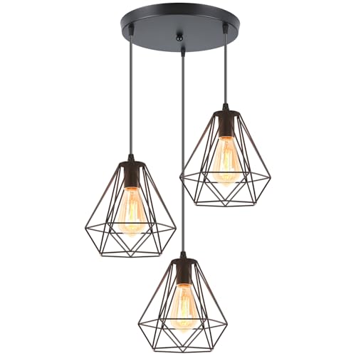 iDEGU 3-flammig Pendelleuchte Vintage Hängelampe aus Metall Industrielle Hängeleuchte Lampenschirm in Käfigform E27 Pendellampe für Küche Wohnzimmer, 20 cm, Schwarz (30cm runder Boden) von iDEGU