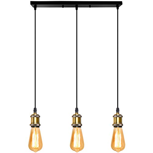 iDEGU 3-flammig Vintage Pendelleuchte, Retro Edison-Stil Hängelampe Metall LED Pendellampe Hängeleuchte mit E27 Lampenfassung Deckenleuchte Schwarz DIY Lampe Fassung (Messing, 3-flammig, 50CM) von iDEGU