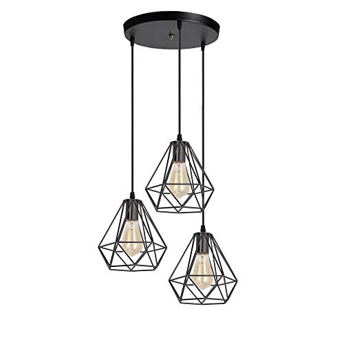 iDEGU 3 Lampen, Kronleuchter, Hängeleuchte, Industriell, Deckenleuchte, Retro, aus Metall, Hängeleuchte, Lampenschirm, Käfig, E27, Deckenleuchte, für Wohnzimmer, Esszimmer, Küche – Ø 20 cm, Schwarz von iDEGU