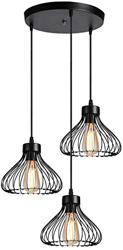 iDEGU 3-flammige Pendelleuchte Industrielle Hängelampe Käfig Lampenschirm E27 Retro Hängelampe Hängeleuchte aus Metall für Esszimmer Küche, 23cm, 30cm Base, Schwarz von iDEGU