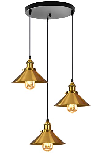 iDEGU 3-flammige Pendelleuchte Industrielle Hängelampe Stil Edison Vintage Kronleuchter mit 22cm Metall Lampenschirm E27 Fassung Gold Hängeleuchte für Esszimmer Küche Wohnzimmer (Rondell) von iDEGU