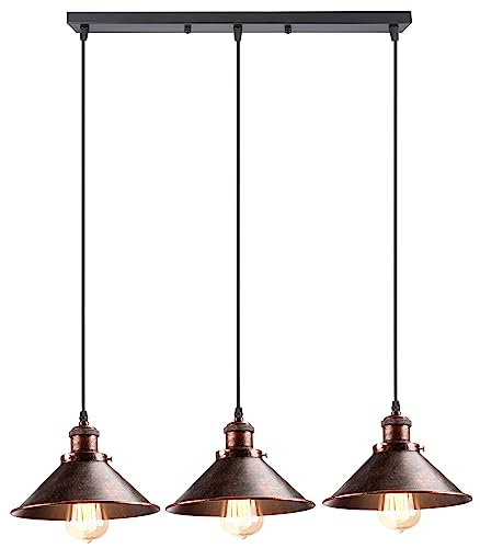 iDEGU 3-flammige Pendelleuchte Industrielle Hängelampe Stil Edison Vintage Pendellampe mit 22cm Metall Lampenschirm E27 Fassung Rost Hängeleuchte für Esszimmer Küche Wohnzimmer (Balken) von iDEGU