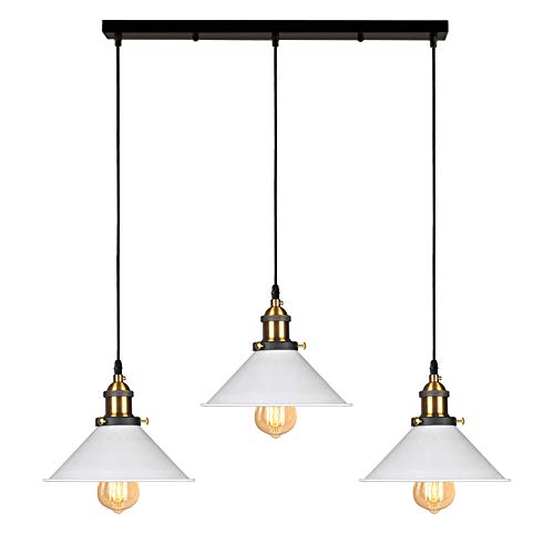 iDEGU 3-flammige Pendelleuchte Industrielle Hängelampe Stil Edison Vintage Pendellampe mit 22cm Metall Lampenschirm E27 Fassung Weiß Hängeleuchte für Esszimmer Küche Wohnzimmer (Balken) von iDEGU