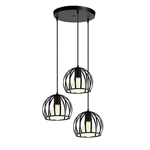 iDEGU 3-flammige Pendelleuchte Vintage Deckenleuchte Kronleuchter Industrie Käfig Lampenschirm aus Metall Lampe für Wohnzimmer Esszimmer Küche Restaurant Durchmesser 20 cm schwarz, Metall, Schwarz von iDEGU