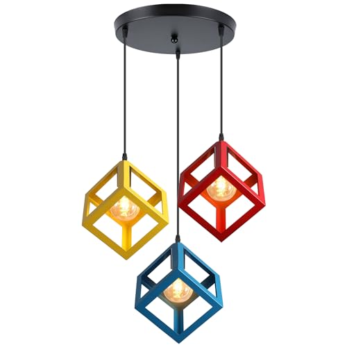 iDEGU 3-flammige Pendelleuchte Vintage Lampenschirm aus Metall Modern Hängelampe mit Geometrischen Würfel Design Kronleuchter E27 Hängeleuchte für Wohnzimmer, Schlafzimmer, Esstisch (Rot+Gelb+Blau) von iDEGU
