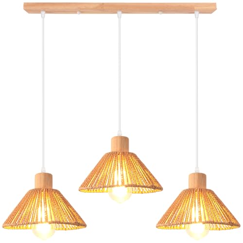 iDEGU 3-flammige Pendelleuchte aus Rattan und Holz, Vintage Hängelampe 22cm Boho Stil Lampenschirm E27 Deckenleuchte Retro Hängeleuchte für Esszimmer Küche Wohnzimmer Schlafzimmer Restaurant (Braun) iDEGU 3-flammige Pendelleuchte aus Rattan und Holz, Vintage Hängelampe 22cm Boho Stil Lampenschirm E27 Deckenleuchte Retro Hängeleuchte für Esszimmer Küche Wohnzimmer Schlafzimmer Restaurant (Braun) von iDEGU