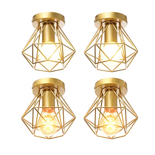 iDEGU 4 Stücke Deckenleuchten Retro Industrial Lampe im Geometrie Käfig-Design Vintage 16CM Lampenschirm aus Metall Pendelleuchte Deckenlampe für Flur Schlafzimmer Küche (Käfig A, Gold) von iDEGU