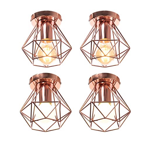 iDEGU 4 Stücke Deckenleuchten Retro Industrial Lampe im Geometrie Käfig-Design Vintage 16CM Lampenschirm aus Metall Pendelleuchte Deckenlampe für Flur Schlafzimmer Küche (Käfig A, Roségold) von iDEGU