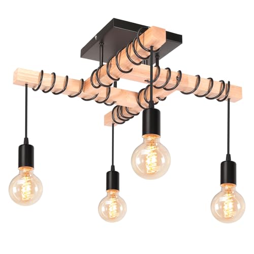 iDEGU 4-flammig Kronleuchter Pendelleuchte Vintage Deckenleuchte aus Holz und Metall E27 Deckenlampe Industrial Design Schwarz Hängelampe für Esstisch, Küche, Wohnzimmer, Schlafzimmer (Typ Decken) von iDEGU