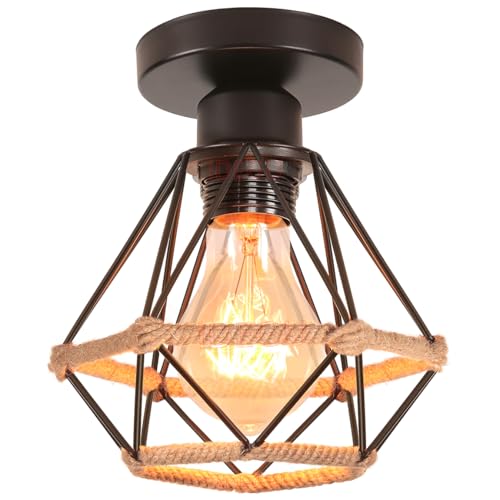 iDEGU Deckenleuchte Industrie 16CM Deckenlampe Vintage Lampenschirme aus Metall und Hanfseil Käfig Design Retro E27 Schwarz Pendelleuchte für Küche Schlafzimmer Flur von iDEGU