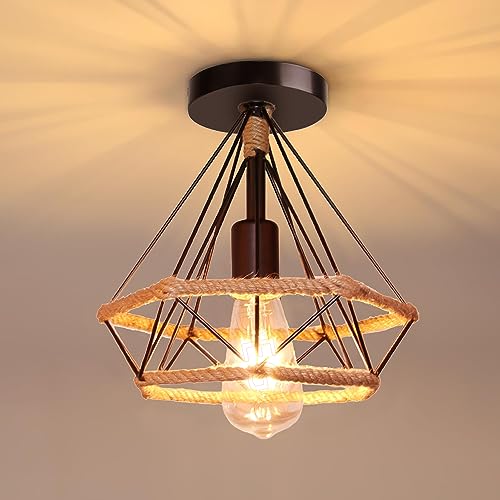 iDEGU Deckenleuchte Industrie 25CM Deckenlampe Vintage Lampenschirme aus Metall und Hanfseil Käfig Design Retro E27 Schwarz Pendelleuchte für Küche Schlafzimmer Flur von iDEGU