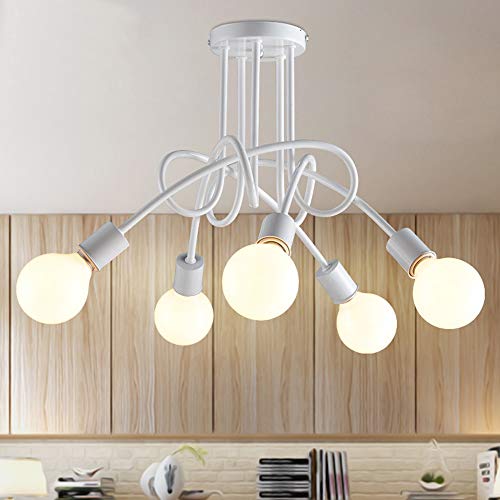 iDEGU Industrielle Retro-Deckenleuchte aus Metall Kronleuchter Lampenschirm E27 Moderne Pendelleuchte für Wohnzimmer Schlafzimmer Esszimmer (weiß, 5 Lampen) ohne Leuchtmittel von iDEGU