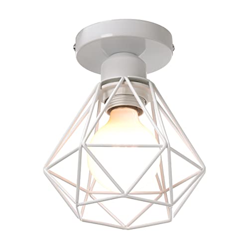 iDEGU Deckenleuchte Retro Industrial Lampe im Geometrie Design Diamant-Käfig Vintage 16CM Lampenschirm aus Metall Pendelleuchte Deckenlampe für Flur Schlafzimmer Küche (Käfig B, Weiß) von iDEGU