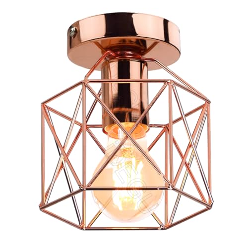 iDEGU Deckenleuchte Retro Industrial Lampe im Geometrie Design Sechseck-Käfig Vintage 15CM Lampenschirm aus Metall Pendelleuchte Deckenlampe für Flur Schlafzimmer Küche (Käfig B, Roségold) von iDEGU