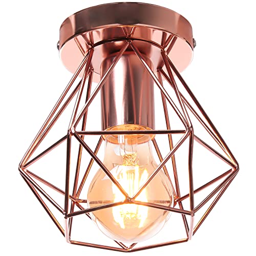 iDEGU Deckenleuchte Retro Industrial Lampe im Geometrie Käfig-Design Vintage 16CM Lampenschirm aus Metall Pendelleuchte Deckenlampe für Flur Schlafzimmer Küche (Käfig A, Roségold) von iDEGU