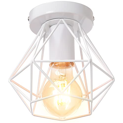 iDEGU Deckenleuchte Retro Industrial Lampe im Geometrie Käfig-Design Vintage 16CM Lampenschirm aus Metall Pendelleuchte Deckenlampe für Flur Schlafzimmer Küche (Käfig A, Weiß) von iDEGU