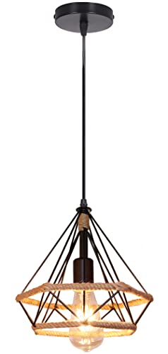 iDEGU Hängelampe 25CM Industrie Pendelleuchte Vintage Lampenschirme aus Metall und Hanfseil Käfig Design Retro E27 Schwarz Pendelleuchte für Esszimmer Wohnzimmer Küche Schlafzimmer von iDEGU