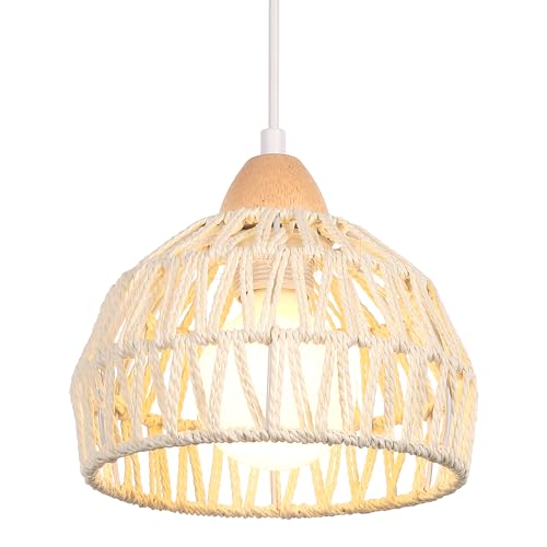 iDEGU Hängelampe Retro 20cm E27 Hängeleuchte aus Rattan Holz Bohème-Stil Geflochten Deckenleuchte Vintage Pendelleuchte für Flur Wohnzimmer Schlafzimmer Esszimmer Küche Restaurant (Weiß Rattan) von iDEGU